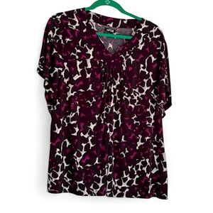 Apt. 9 Slinky White Black Burgundy Animal Print V-Neck  Short Sleeve Top 2X